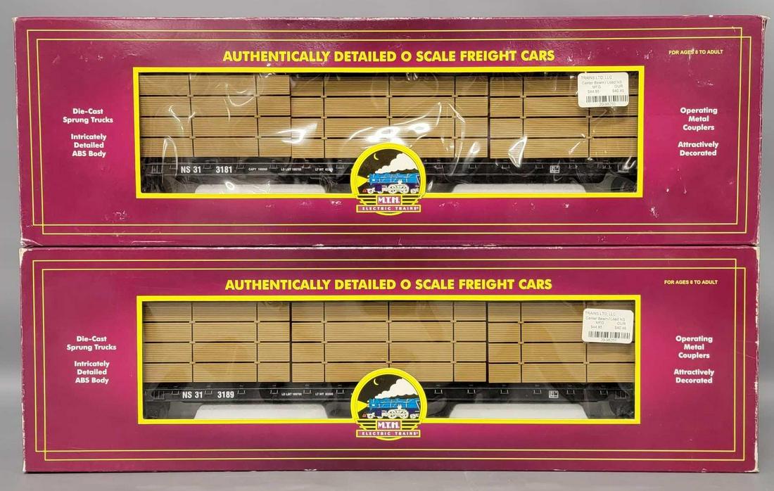 Two MTH O Gauge Norfolk Southern Center I-beam flat cars with lumber loads in original boxes (1 of 6)