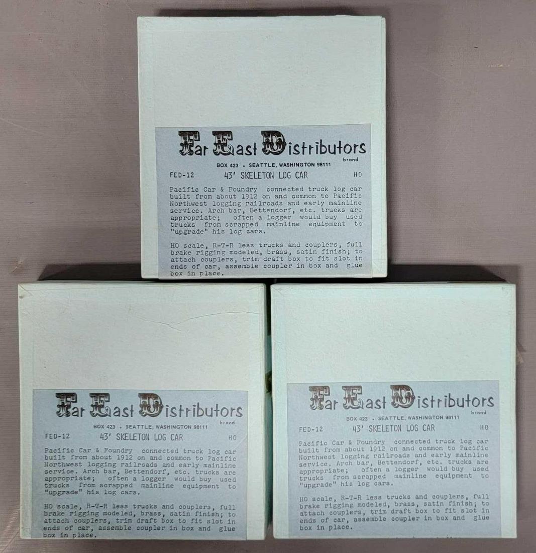 Three Far East Distributors HO Brass 43 foot Northern Pacific Log Flat KIT 4 Bodies in original: Three Far East Distributors HO Brass 43 foot Northern Pacific Log Flat KIT 4 Bodies, these are C8-9 unbuilt, does not include trucks