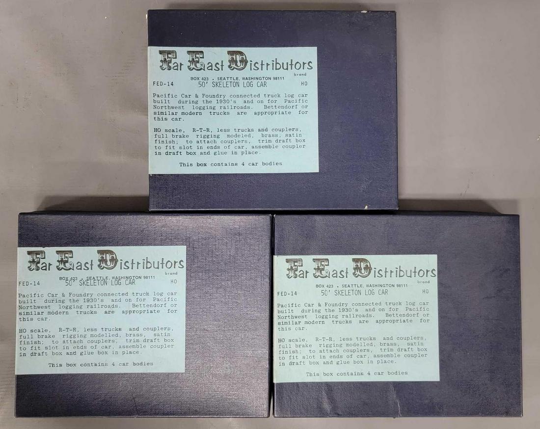 Three Far East Distributors HO Brass 50 foot Northern Pacific Log Flat KIT 4 Bodies in original: Three Far East Distributors HO Brass 50 foot Northern Pacific Log Flat KIT 4 Bodies, these are C8-9 unbuilt, does not include trucks