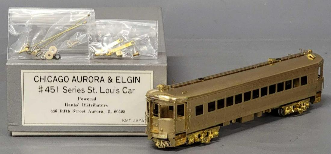 KMT Brass HO powered CA&E 451 series St. Louis car in original box: KMT Brass HO powered CA&E 451 series St. Louis car in original box, appears near mint unrun C8+ , has a sealed bag of detail parts, in excellent original box.