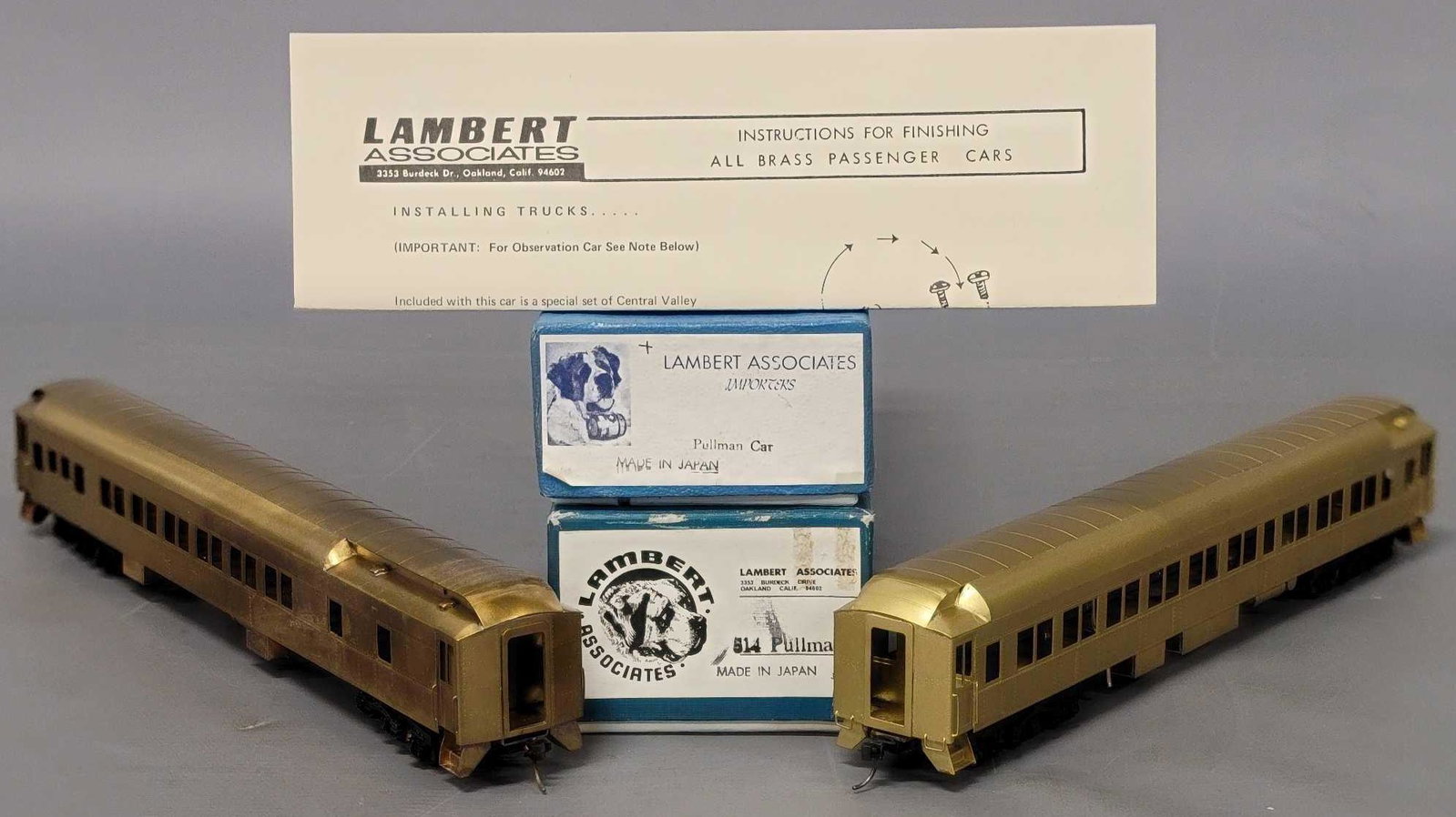 Two Lambert Associates brass HO Pullman cars in original box: Two Lambert Associates brass HO Pullman cars in original box, this includes two that are silver plated, they are C7-8 partially or fully assembled, they come in excellent original boxes.