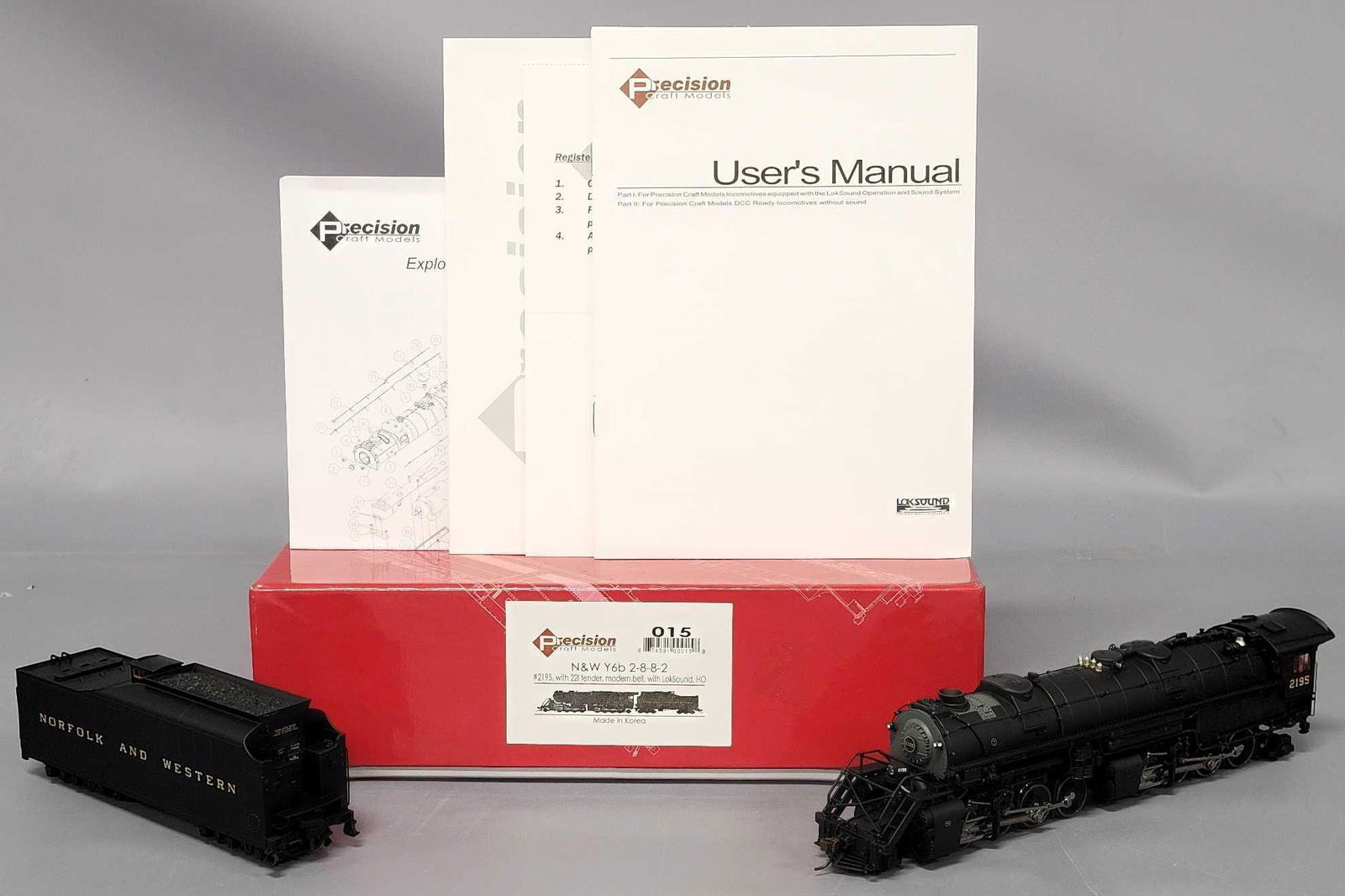 Precision Craft Models HO #2195 N&W Y6b 2-8-8-2 Steam locomotive in original box: Precision Craft Models HO N&W Y6b 2-8-8-2 Steam locomotive in original box, both locomotive and tender appear factory wrapped so unrun C8-9, locomotive has a 2195 road number with a 221 Tender, in
