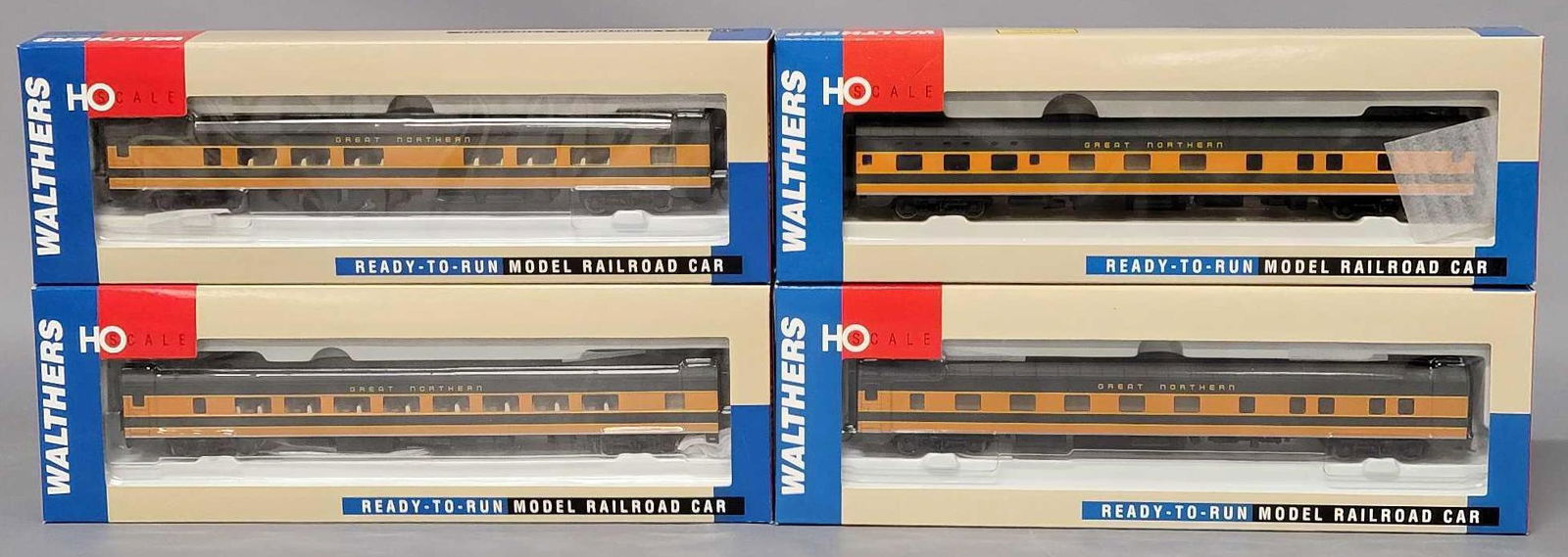 Four Walther RTR HO Great Northern passenger cars in original boxes: Four Walther RTR HO Great Northern passenger cars in original boxes, includes 6781 Pullman-Standard 64-seat coach, 6761 Pullman-Standard 52-seat coach, 6741 Pullman 10-5 Sleeper and 6721 Pullman-Stand