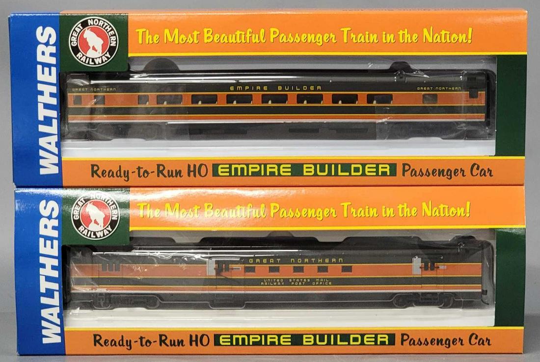 Two Walthers HO Great Northern Empire Builder passenger cars in original boxes: Two Walthers HO Great Northern Empire Builder passenger cars in original boxes, includes, 9031 AC&F 60-seat coach and 9032 AC&F baggage mail car, both are excellent C7-8 lightly run if at all