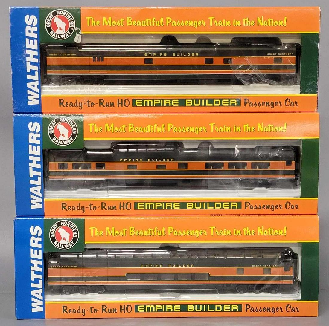 Three Walthers HO Great Northern Empire Builder passenger cars in original boxes: Three Walthers HO Great Northern Empire Builder passenger cars in original boxes, includes, 9040 Budd Great Dome View Lounge, 9035 AC&F Baggage-Dormitory and 9093 Budd 48-seat Vista Dome Coach, al