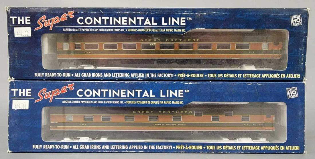 Two Rapido Trains Super Continental Line Great Northern HO train cars in original boxes: Two Rapido Trains inc Super Continental Line Great Northern HO train cars in original boxes, includes 100031 Lightweight Coach and 101032 Duplex Sleeper, both are excellent plus, may have been lightly