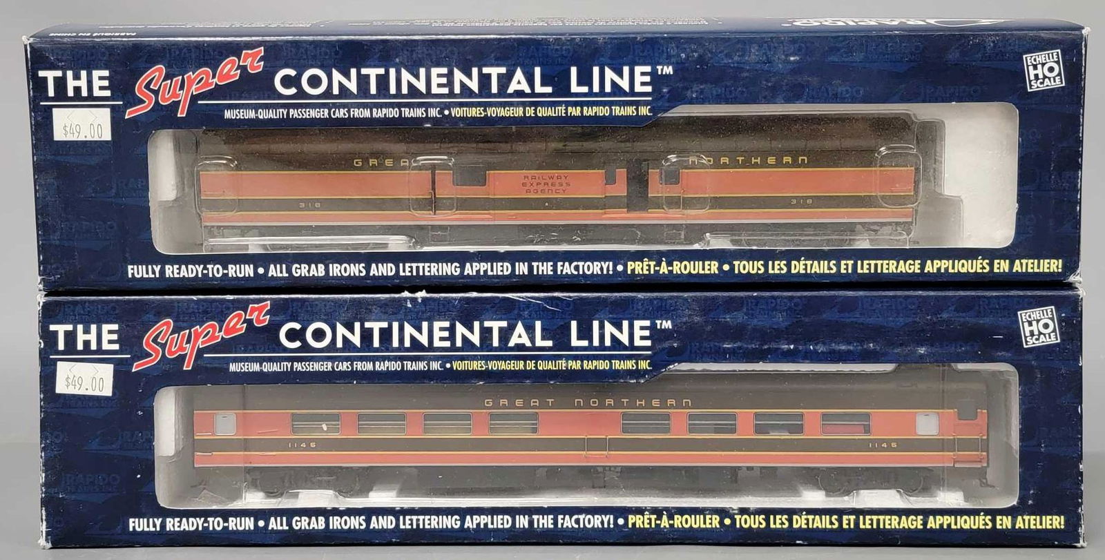 Two Rapido Trains Super Continental Line Great Northern HO train cars in original boxes (1 of 5)