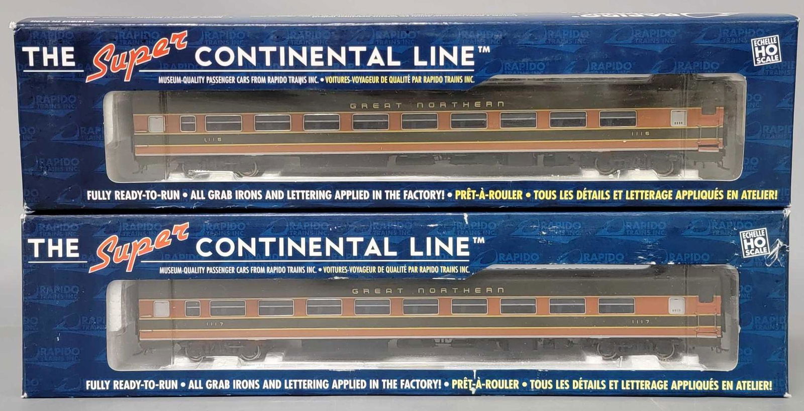 Two Rapido Trains Super Continental Line Great Northern HO train cars in original boxes (1 of 6)