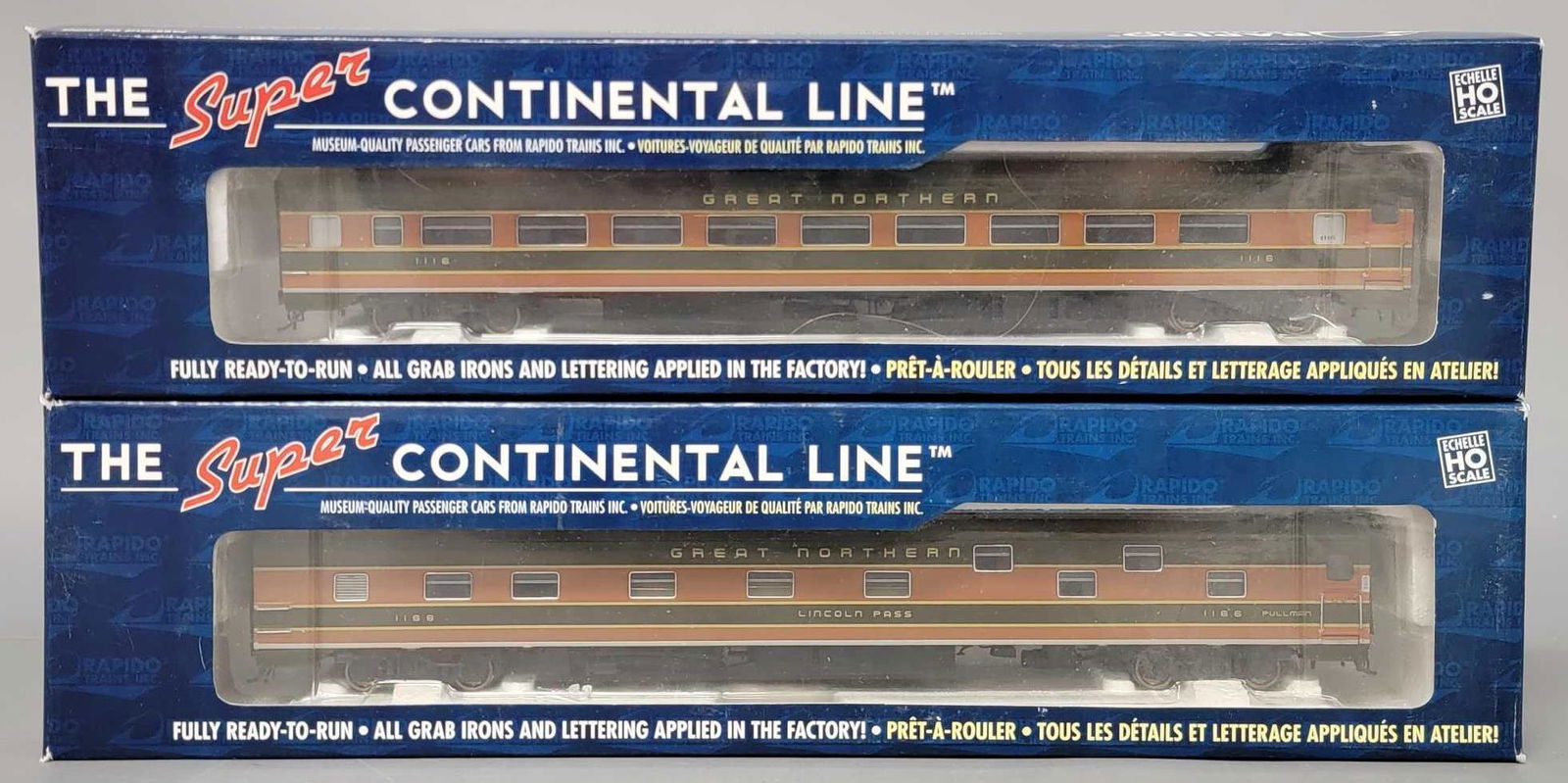 Two Rapido Trains Super Continental Line Great Northern HO train cars in original boxes (1 of 6)