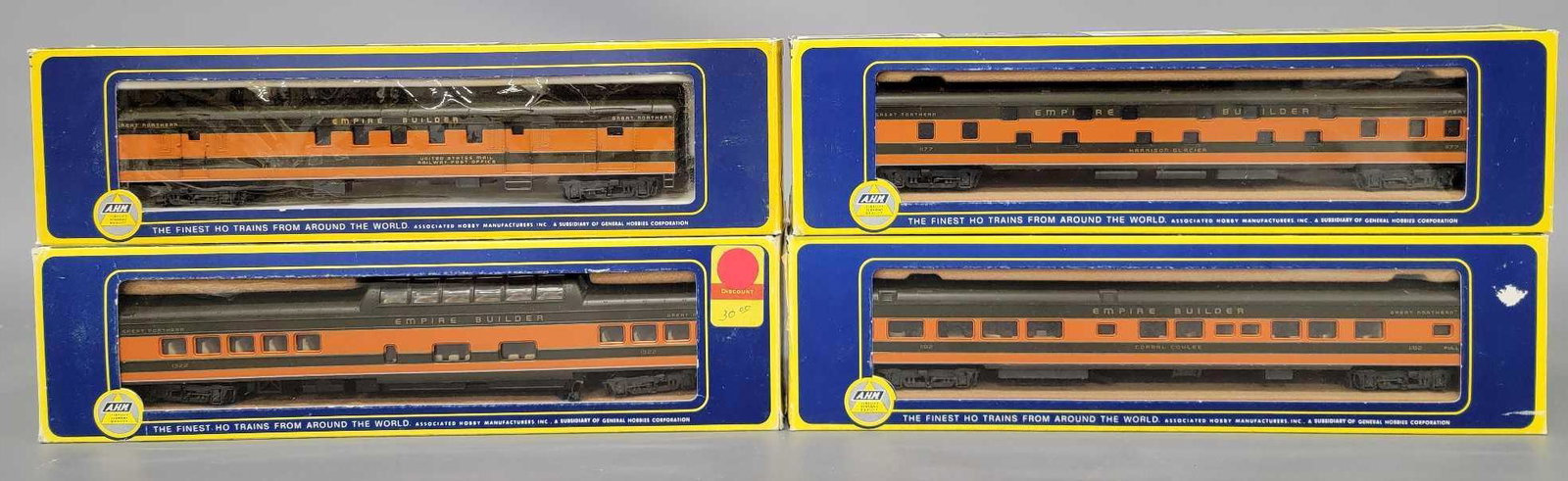 Four AHM Rivarossi HO passenger cars in original boxes: Four AHM Rivarossi HO passenger cars in original boxes, includes 6403 72 foot RPO car, 6406 Duplex Sleeper, 6545 85 foot Vista Dome Coach and 6552 Observation with interior, all are very good plus, ma