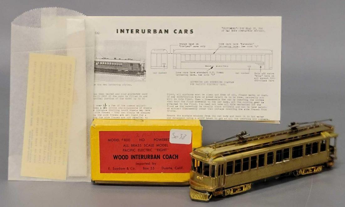 Suydam HO brass Pacific electric eight Wood Interurban coach in original box: Suydam HO brass Pacific electric eight Wood Interurban coach in original box, excellent C7-8, lightly run if at all, has decal sheets and trim, comes in an excellent original box.