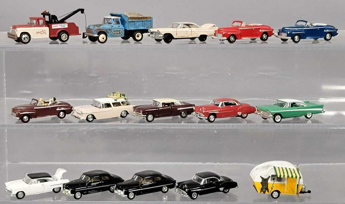 Fifteen OCO HO scale vehicles for layouts: Fifteen OCO HO scale vehicles for layouts, includes twelve cars, some have been after factory detailed, two trucks and a pull behind RV, these have all been detailed and weathered, very nicely done, t