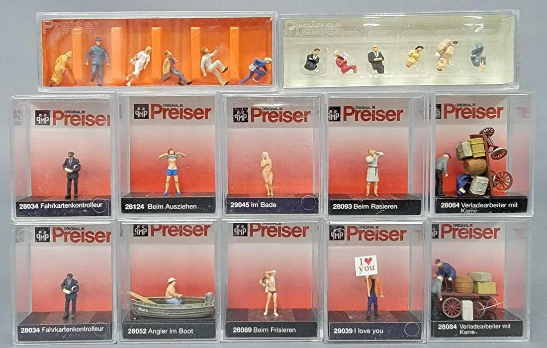 Twelve Preiser HO scale figure packs in original boxes: Twelve Preiser HO scale figure packs in original boxes, includes seated restaurant passengers, climbing the stairs, two loading workers with cart, and ten single piece boxes including, shaving, I love