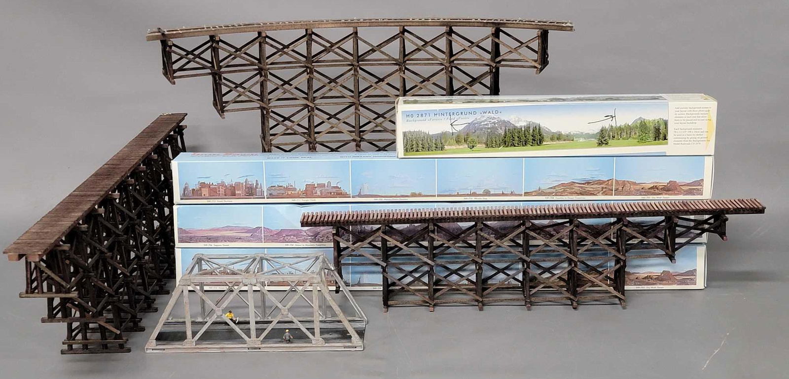 Collection of HO scale Custom trestle bridges and Walthers backdrops (1 of 12)