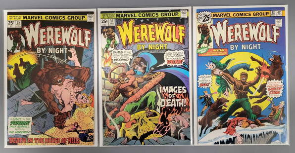 Three Marvel Werewolf by Night comic books #35, #36 and #38: Three Marvel comics Werewolf by Night comic books #35, #36 and #38, all three of these comics are very fine to very fine+ with only issues being a few very light spine dimples, all are grade worth