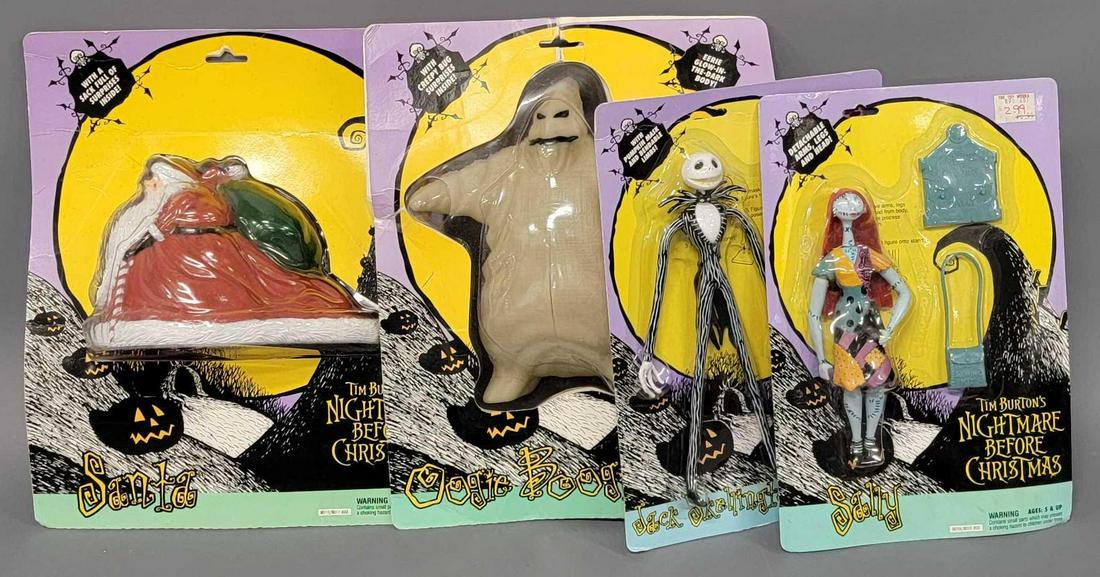 Four Nightmare Before Christmas Hasbro figures in original packaging: Four Nightmare Before Christmas Hasbro figures in original packaging, includes both Sally and Jack Skellington on very nice original cards, Jacks card does have a crease across the top, a Santa figure
