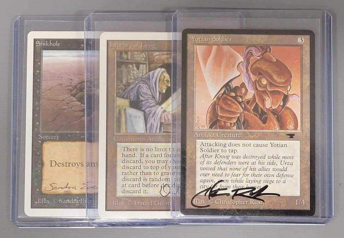 Three Magic the Gathering artist signed cards: Three Magic the Gathering artist signed cards, includes Yortian Soldier signed by Christopher Rush, Library of Leng signed by Daniel Gelon and Sinkhole signed by Sandra Everingham cards are excellent 