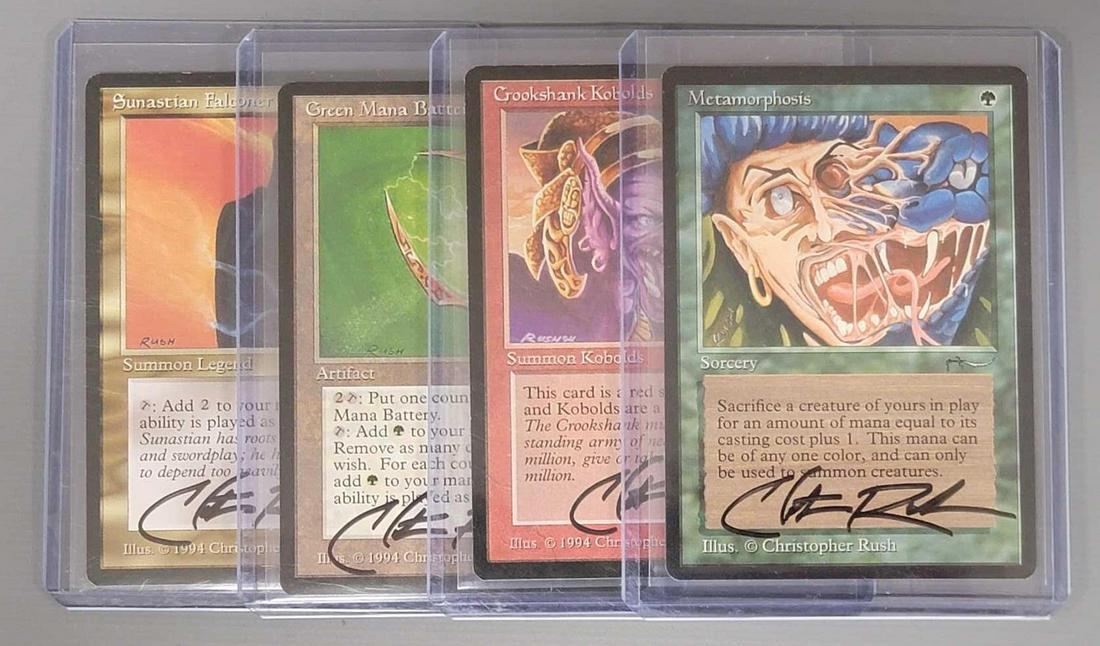 Four Magic the Gathering artist signed cards: Four Magic the Gathering artist signed cards, includes Metamorphosis, Crookshank Kobolds, Green Mana Battery and Sunastian Falconer, all are signed by Christopher Rush, all are in very good to excelle