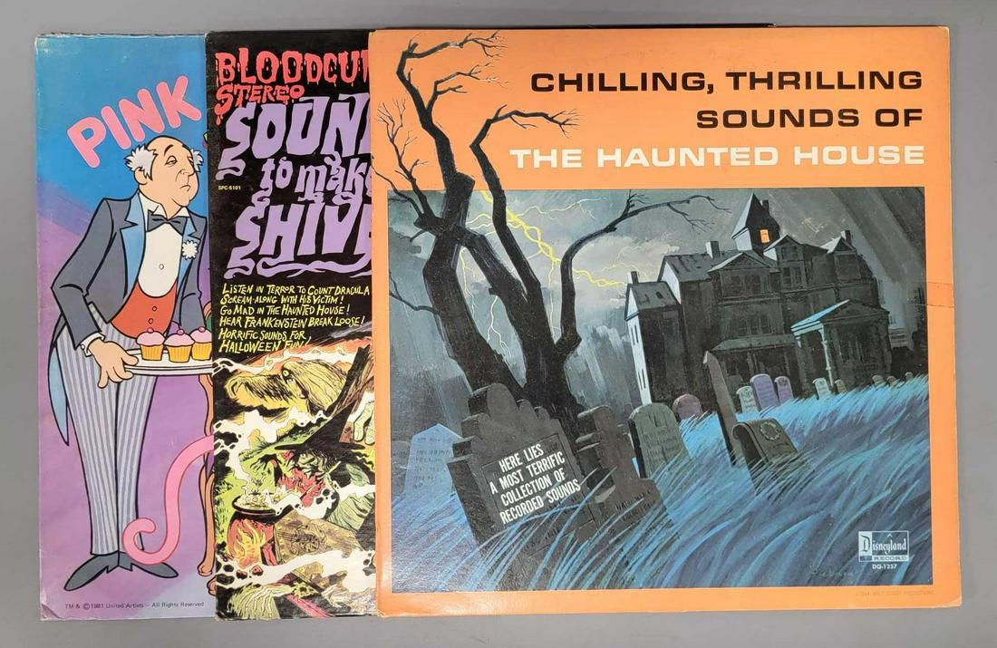 Three Halloween themed LPs in original sleeves: Three Halloween themed LPs in original sleeves, includes Stereo sounds to make you shiver by Pickwick, no inner sleeve, album looks to have light scattered marks on disk, Chilling, Thrilling sounds of