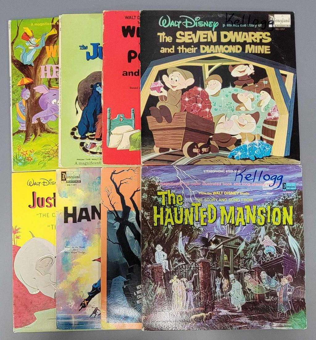 Eight Walt Disney Childrens LPs: Eight Walt Disney Childrens LPs, includes The Haunted Mansion, it has some minor water damage to the lower right of the cover and inner book pages, the LP has scattered scratches, the cover has a name
