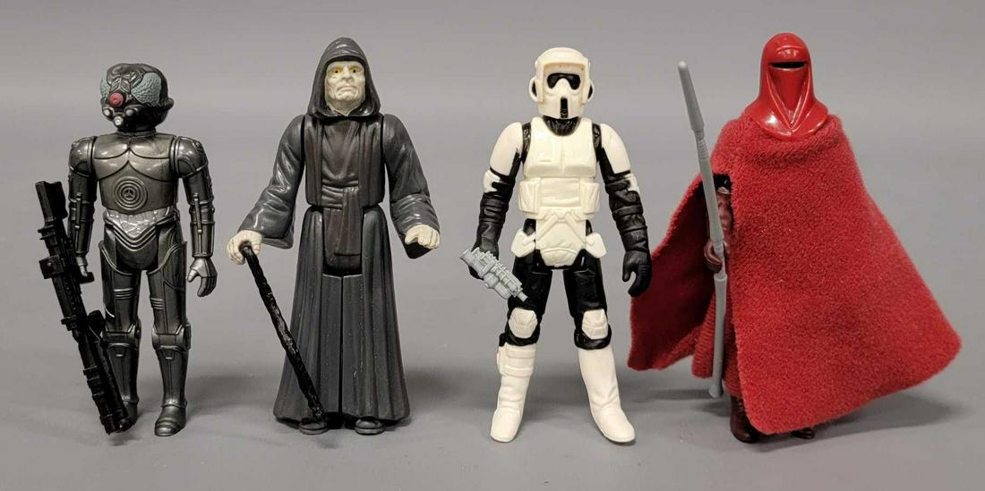 Three Return of the Jedi action figures: Three Return of the Jedi action figures, includes Zuckuss with weapon, Red Imperial Guard with staff and Emperor Palpatine with staff, weapons and accessories are all original, figures are in excellen