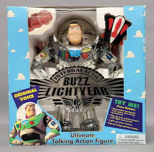 Disneys Toy Story Chrome Buzz Lightyear Ultimate Talking action figure sealed: Disneys Toy Story Chrome Buzz Lightyear Ultimate Talking action figure sealed, tape on the bottom has popped loose but it does not appear that figure has been out of the box, there is a little wear