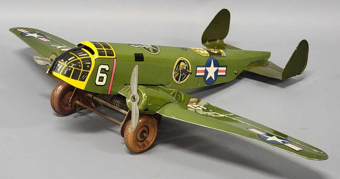 Marx Military US Army Tin Litho 2 Prop Plane Wind-up 13 1/2 inch (1 of 7)