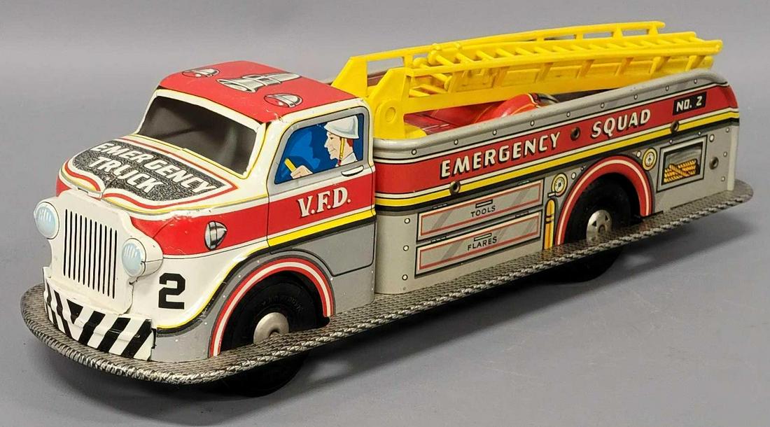1950s Marx Tin Litho battery operated Emergency Squad no. 2 fire truck (1 of 7)