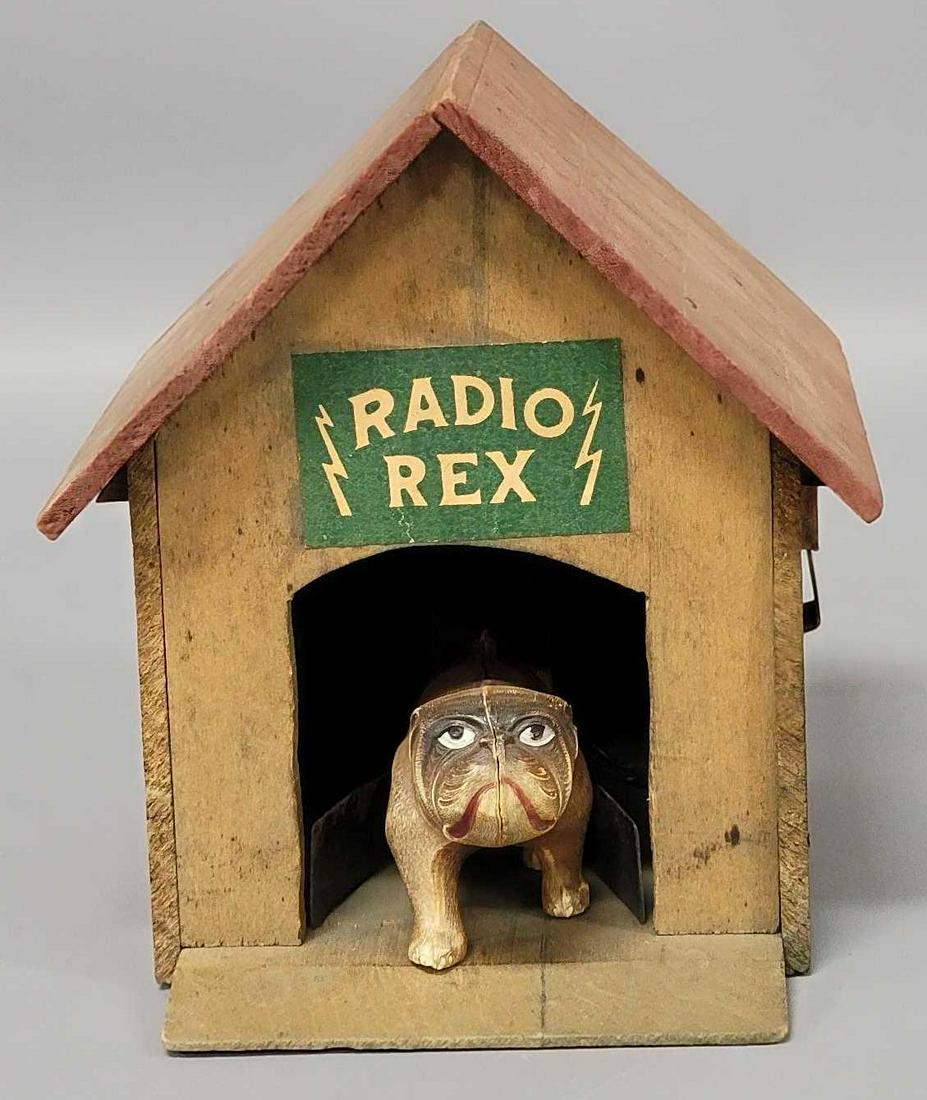 1920s Radio Rex by John Hugo Mfg: 1920s Radio Rex by John Hugo Mfg, this piece appears complete, the celluloid dog is in good condition with some minor damage to one rear foot on the underside, he is split at the seams in the front se