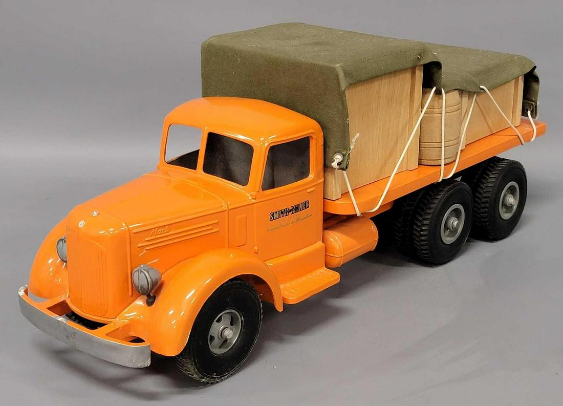 Smith Miller L Mack Cargo Delivery Flatbed: Smith Miller L Mack Cargo Delivery Flatbed, restoration with missing Mack ornament and a chip at top of radiator shroud, also has chips at top edge of front bumper as see, A full load of wooden crates