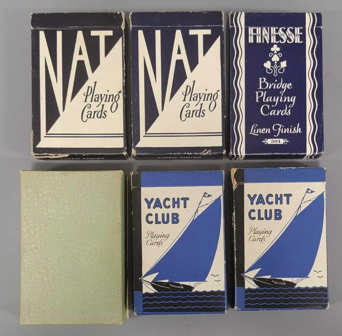 Six decks of Vintage Gibson art deco playing cards: Six decks of Vintage Gibson art deco playing cards, includes five different graphics with the one duplicate graphic piece being a different background color, includes two with kitten and scottie dog g
