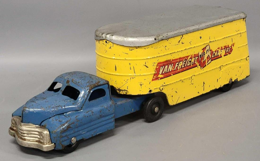 Buddy L 1940s pressed steel Van Freight Carriers truck and trailer (1 of 7)
