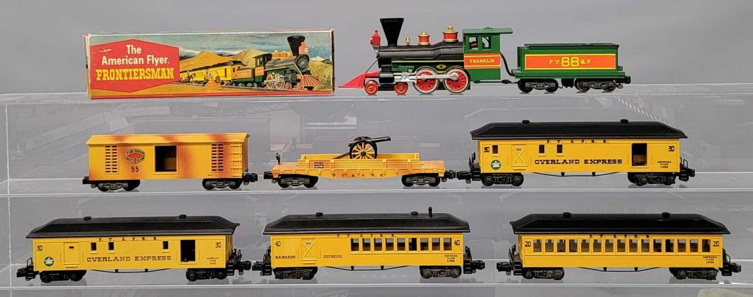 American Flyer Postwar S gauge Frontiersman steam passenger set with extras: American Flyer Postwar S Frontiersman steam passenger set with extras. Includes 21088 Franklin F. Y. and P. steam locomotive that has been tested and runs in forward and reverse but no smoke, 20 coach