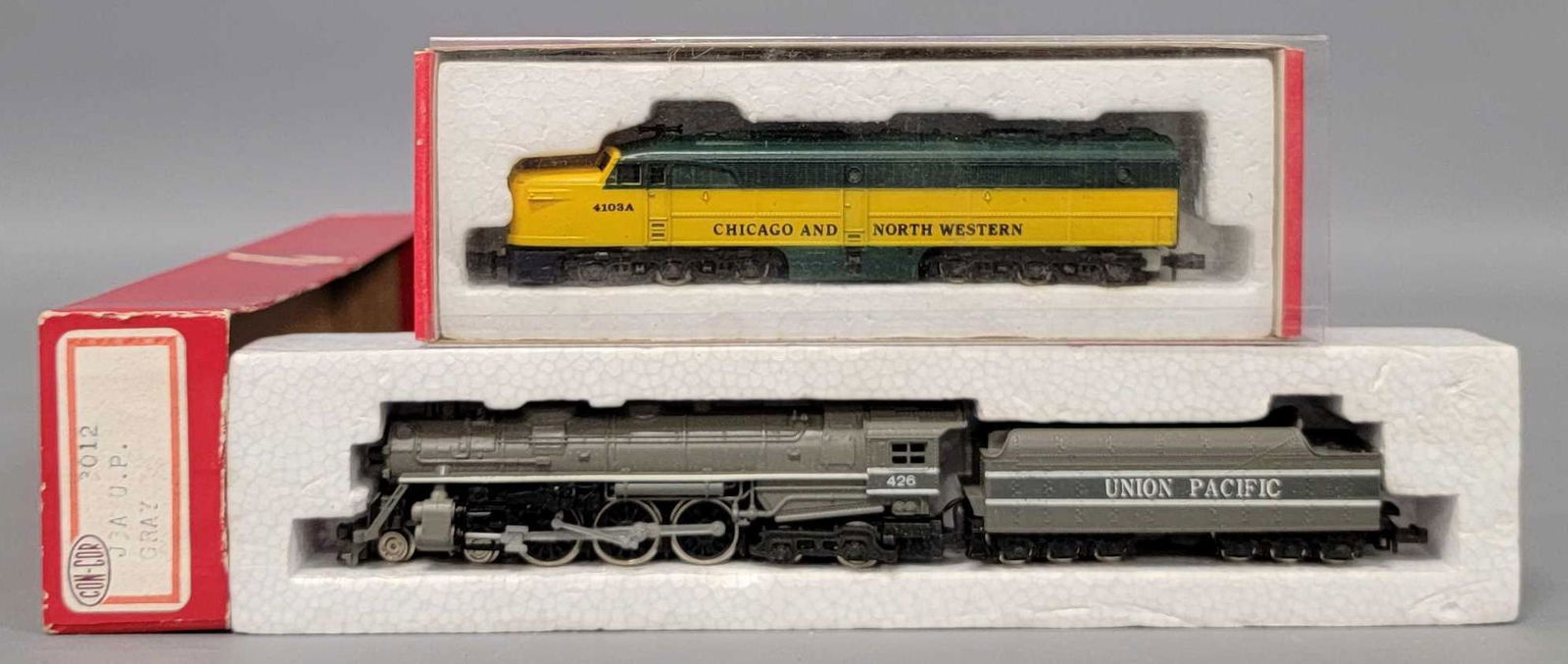 Con Cor N scale 3012 Union Pacific J3A steam locomotive in OB plus Chicago and Northwestern: Con Cor N scale 3012 Union Pacific J3A steam locomotive in OB plus Chicago and Northwestern Alco PA-1 diesel locomotive, both are C8-9 in excellent original boxes.