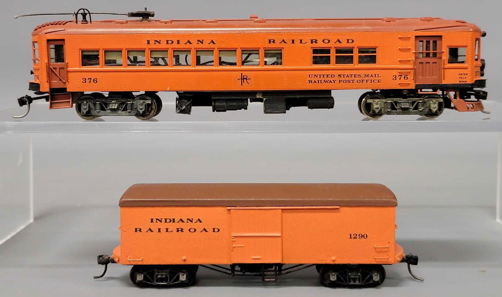 Custom painted Ken Kidder HO brass traction Indiana Railroad interurban RPO coach: Custom painted Ken Kidder HO brass traction Indiana Railroad interurban RPO coach and trailer. Both look very nice and are equipped with Kadee couplers but are untested.