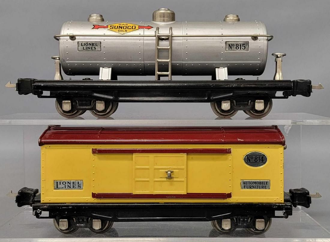 Lionel prewar O gauge 814 box car and 815 tank car: Lionel prewar O gauge 814 box car and 815 tank car, both are C6-7 and display nicely as seen in the photos. The 814 is missing one of the brake wheels and shaft.