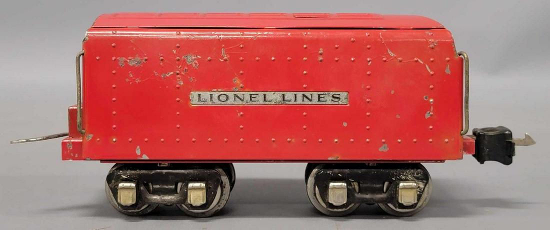 Lionel prewar O gauge red 265W tender from the Red Comet: Lionel prewar O gauge red 265W tender from the Red Comet, all original paint, looks nice but has paint issues on one side, C6 as seen in the photos.