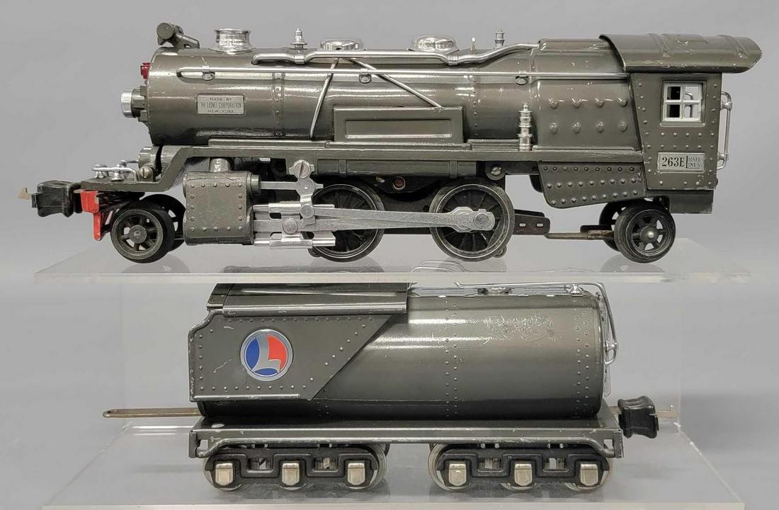 Lionel prewar O gauge gunmetal 263E steam locomotive and 263W with all nickel trim: Lionel prewar O gauge gunmetal 263E steam locomotive and 263W with all nickel trim, C7, the tender does have a small spot on one side where the paint got some dirt under it before it was painted but s