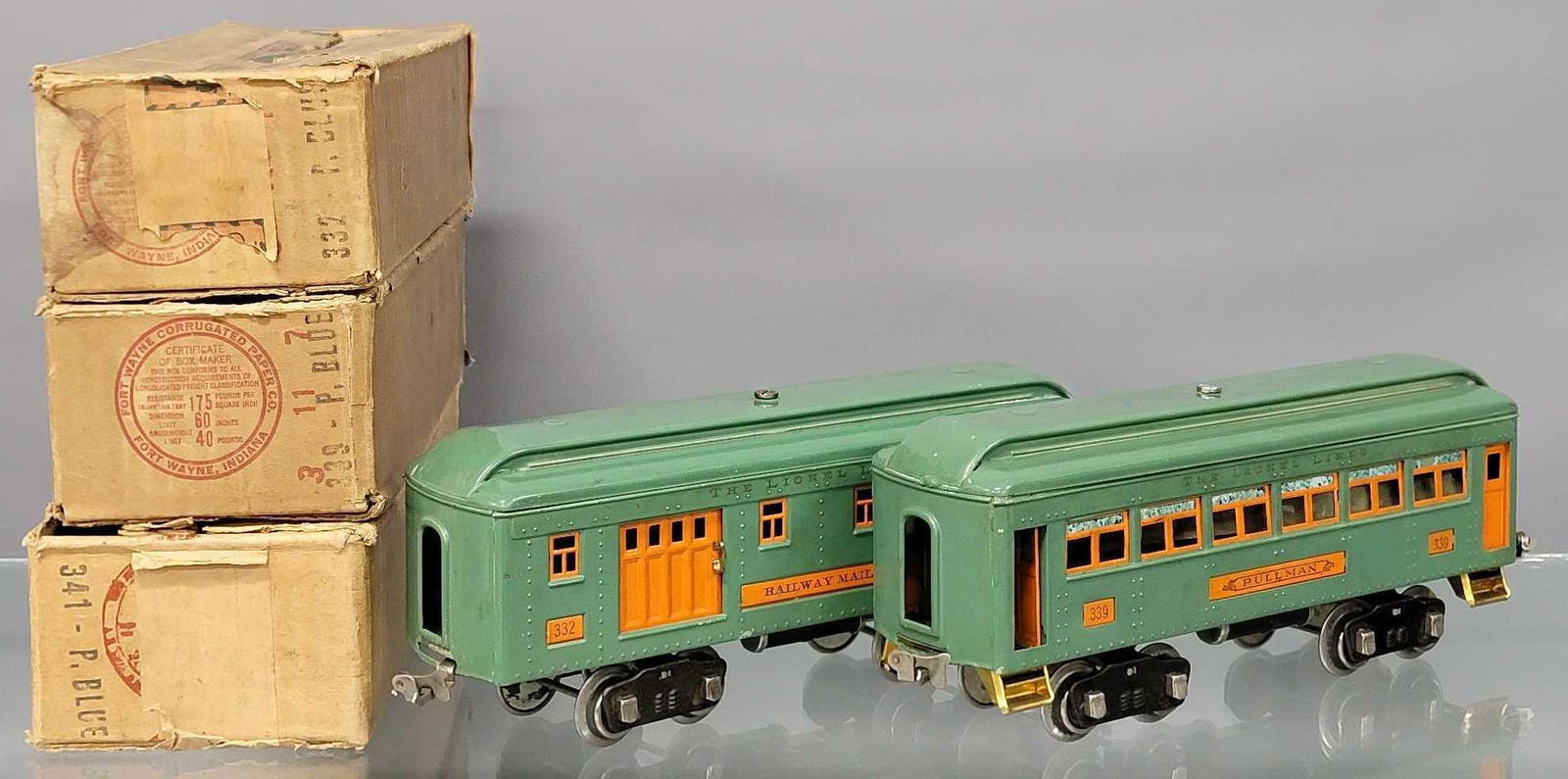 Lionel prewar standard gauge 332 339 peacock blue passenger cars in original boxes plus 341 box (1 of 11)