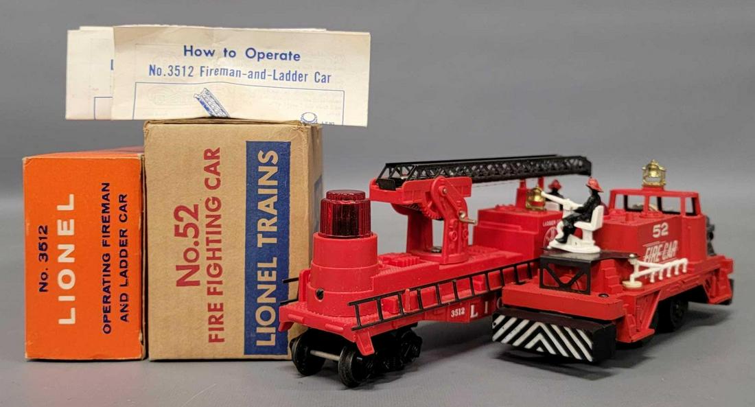 Lionel postwar O 52 fire fighting car and 3512 operating ladder car in original boxes (1 of 12)