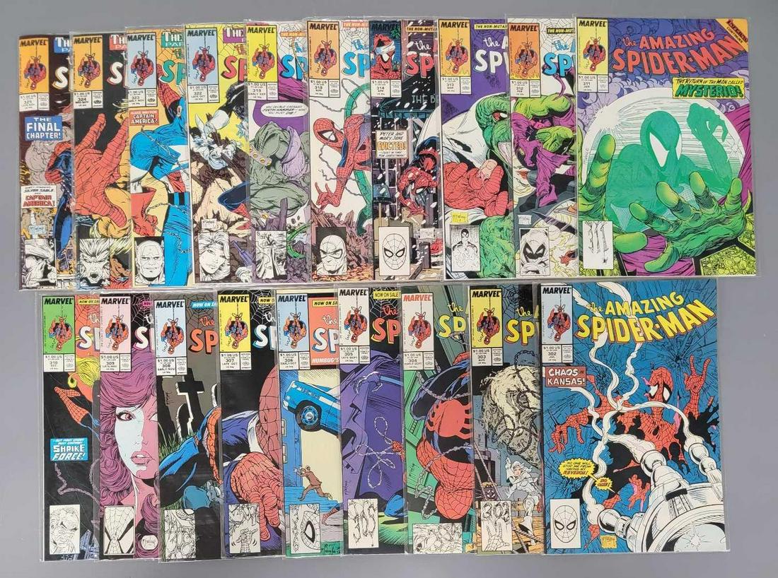 19 issues of Amazing Spider-man ALL Todd McFarlane covers 302-325: 20 issues of Amazing Spider-man 302-325, all with Todd McFarlane cover art. Includes 302-314, 318, 319, 322, 323, 324 and 325. All very nice and have been store in just mylar sleeves since they were p