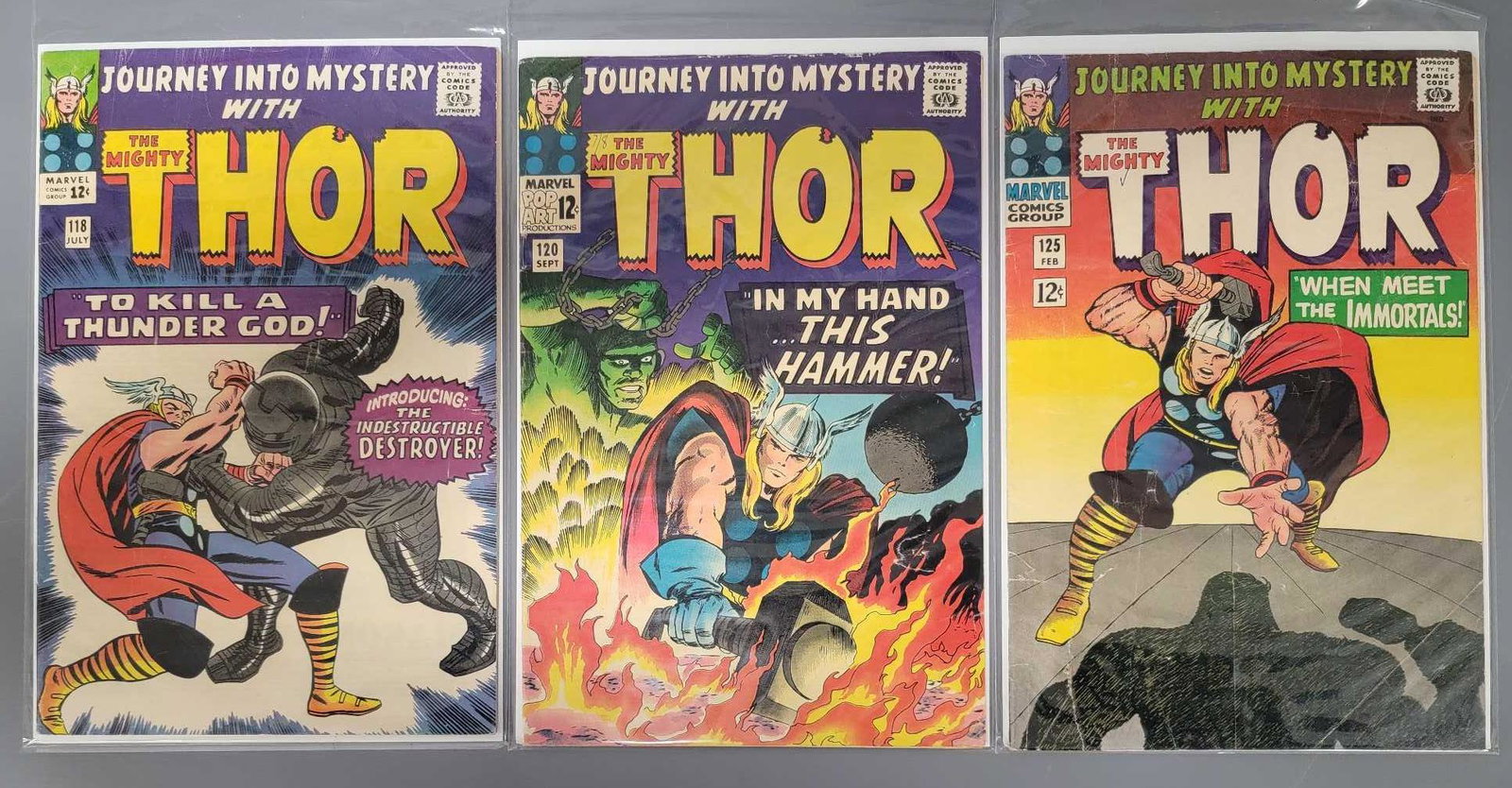 Journey Into Mystery 118 1st appearance of Destroyer 120 125 Retitled to include The Mighty Thor: Journey Into Mystery 118, 1st appearance of Destroyer; 120 and 125, Retitled to include The Mighty Thor, as seen in the photos.