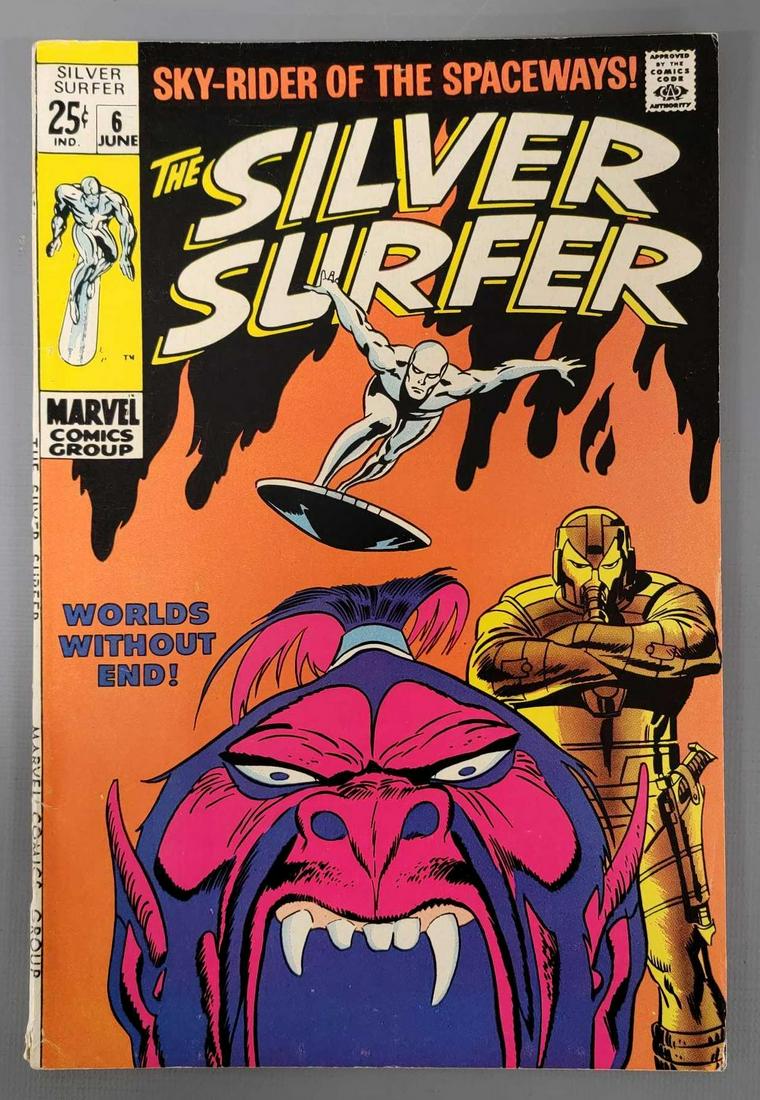 Silver Surfer 6 cover art by John Buscema featuring Overlord: Silver Surfer 6, cover art by John Buscema featuring Overlord who is introduced in this issue and dies, nice shape but has spine issues and the bottom 3 inches as seen in the photos.