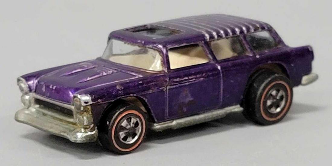 Redline Hot Wheels purple classic Nomad: Redline Hot Wheels purple classic Nomad, a clean car with paint wear, a dull base and chrome loss to the wheels as seen in the photos.