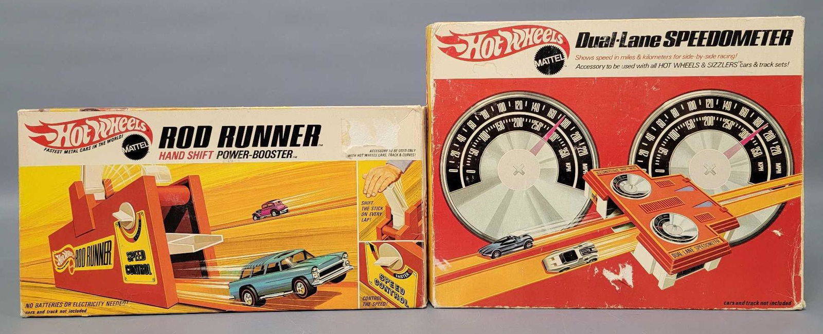 Factory Sealed Vintage Mattel Hot Wheels Rod Runner And Dual Lane Speedometer In Original Boxes