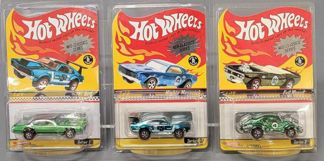 Three Hot Wheels RLC Neo-classics series cars on sealed blister cards with protectors: Three Hot Wheels RLC Neo-classics series cars on sealed blister cards with protectors to include TNT Bird, Evil Weevil and Mighty Maverick as seen in the photos.
