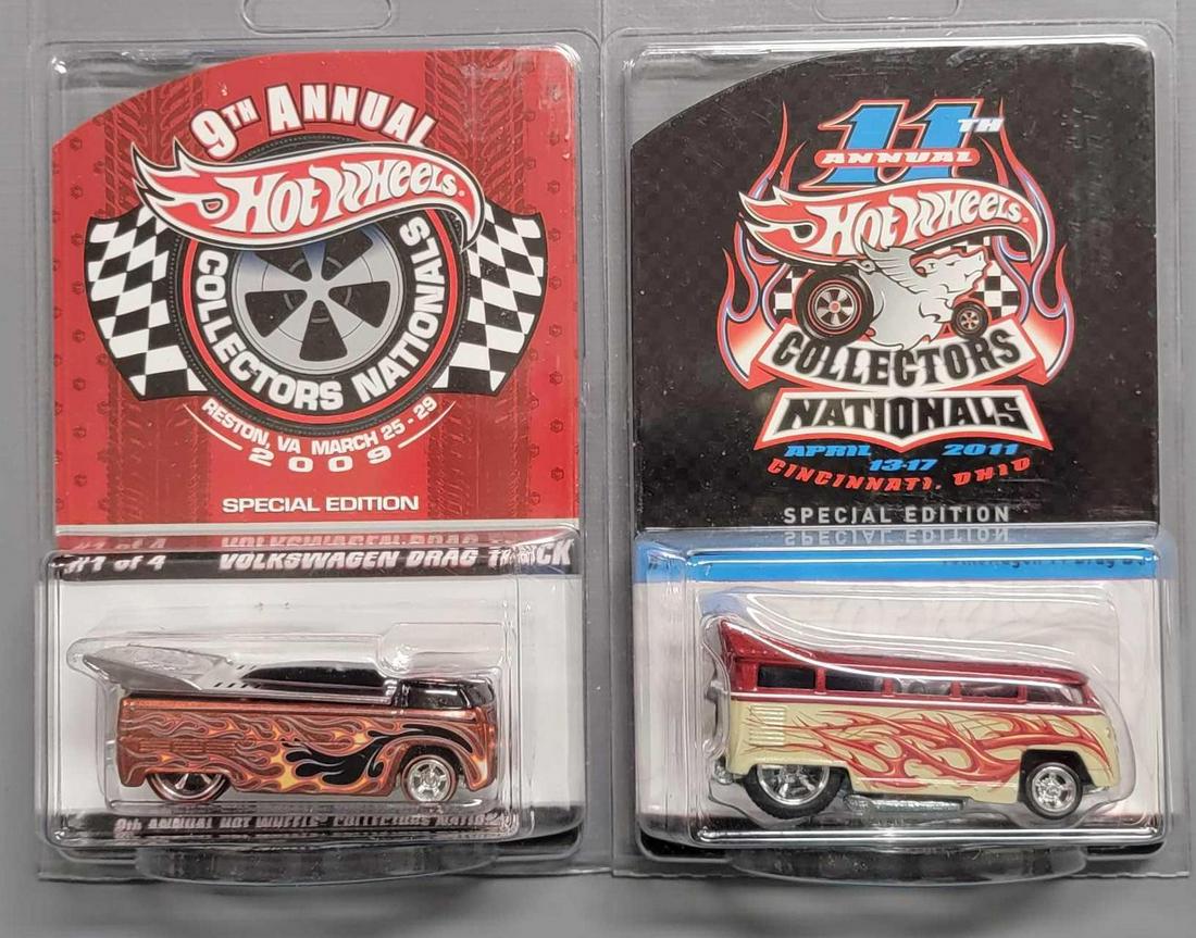 Two Hot Wheels National Convention Volkswagens on sealed blister cards with two protectors: Two Hot Wheels National Convention Volkswagens on sealed blister cards with two protectors to include 9th annual Volkswagen drag truck 2276/3000 and 11th annual Volkswagen T1 drag bus3278/3500 as seen