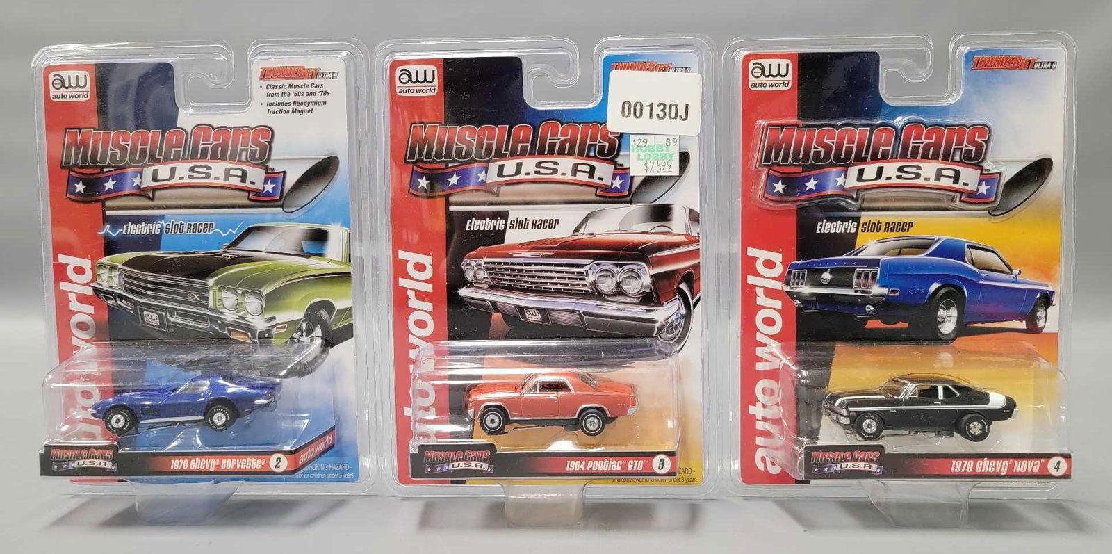 Three Auto World Muscle cars USA Thunder Jet Ultra G HO slot cars MOC (1 of 5)