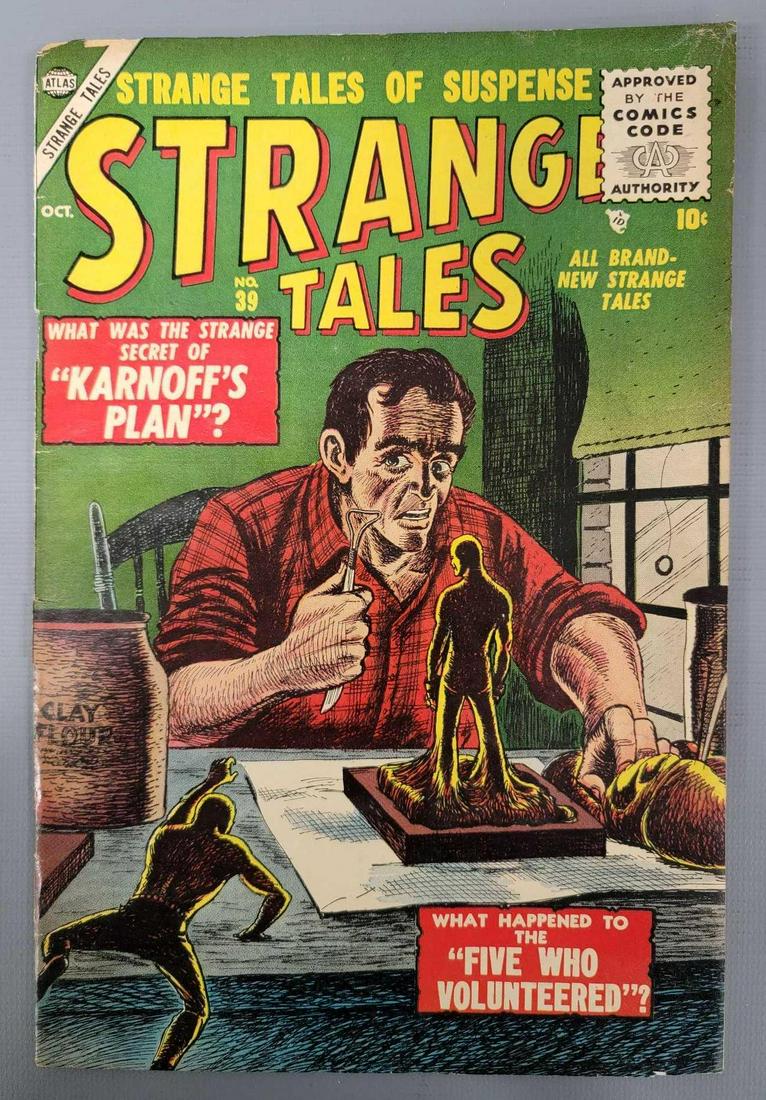 Strange Tales 39 (Atlas) 1955: Strange Tales 39 1 1/2 inch spine split between staples. Chipping top left as seen in the photos.