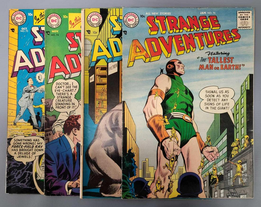 Strange Adventures 73-76 (DC) 1956: Strange Adventures 73 slight chipping on bottom and right edges 74 centerfold detached at bottom staple 75 chipping on top edge of book, spine roll 76 chipping on top edge of cover and lower right cor